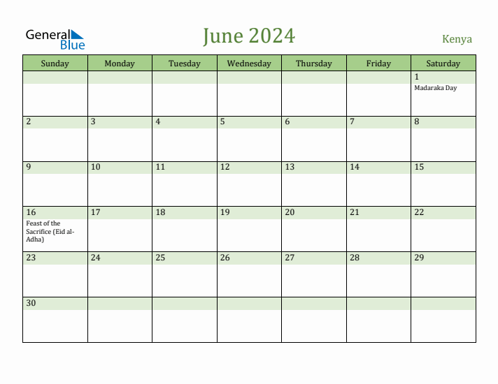 June 2024 Calendar with Kenya Holidays