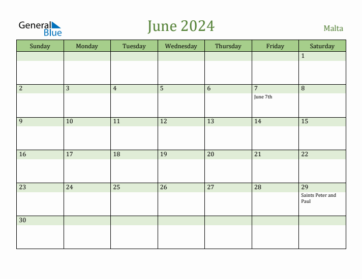 June 2024 Calendar with Malta Holidays