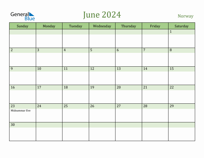 June 2024 Calendar with Norway Holidays