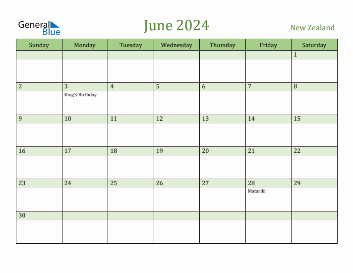 June 2024 Calendar with New Zealand Holidays