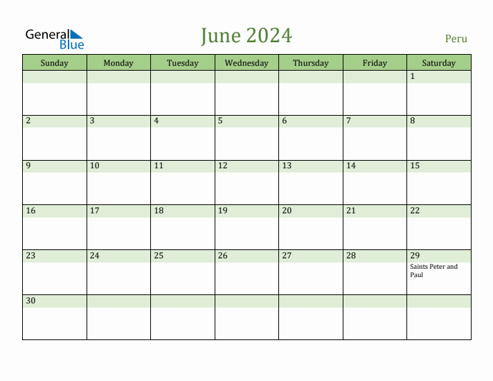 June 2024 Calendar with Peru Holidays