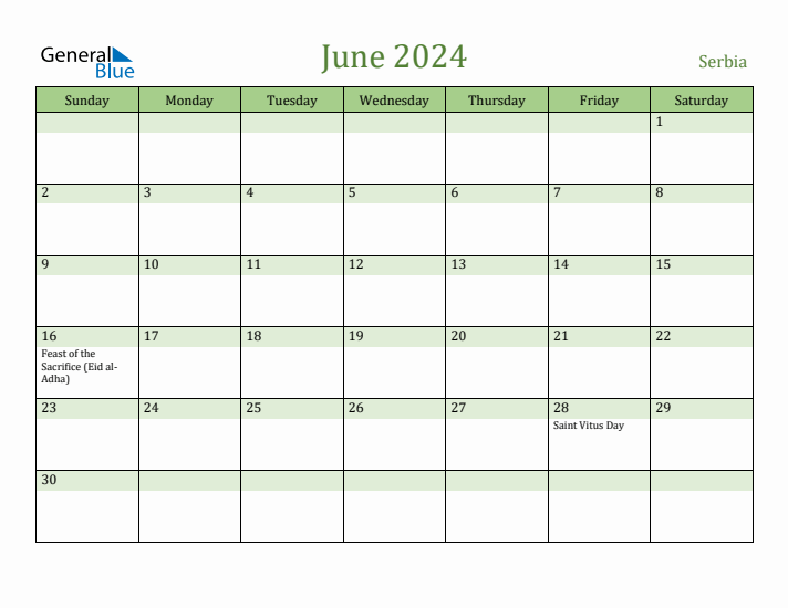 June 2024 Calendar with Serbia Holidays