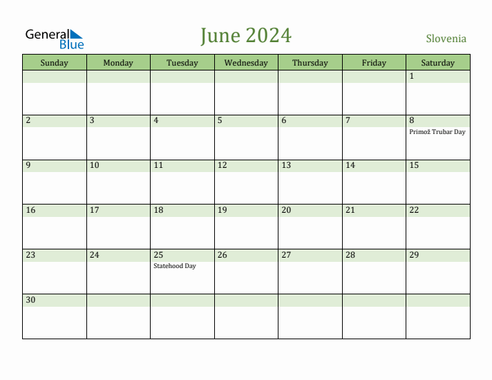 June 2024 Calendar with Slovenia Holidays