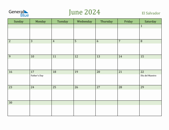 June 2024 Calendar with El Salvador Holidays