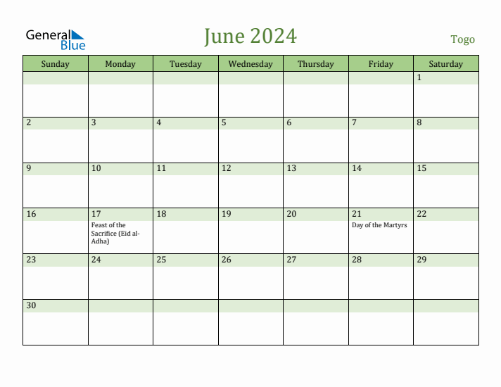 June 2024 Calendar with Togo Holidays