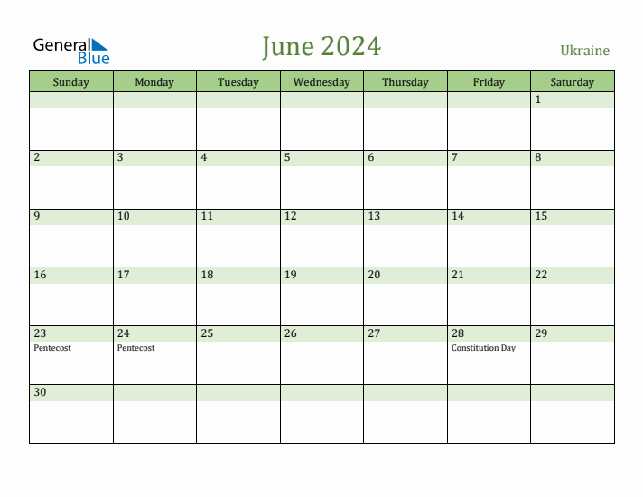 June 2024 Calendar with Ukraine Holidays