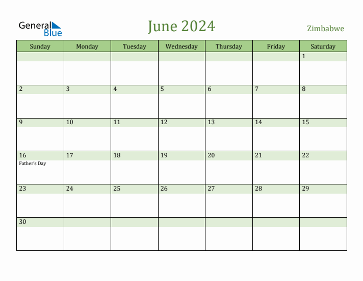 June 2024 Calendar with Zimbabwe Holidays