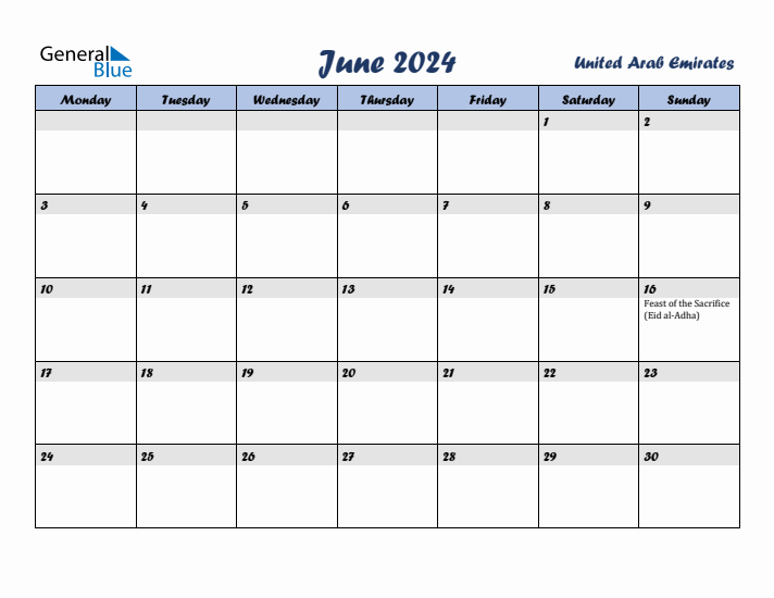 June 2024 Calendar with Holidays in United Arab Emirates