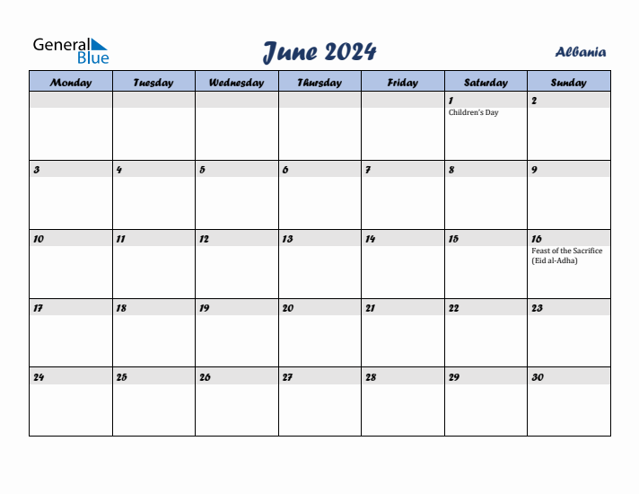 June 2024 Calendar with Holidays in Albania