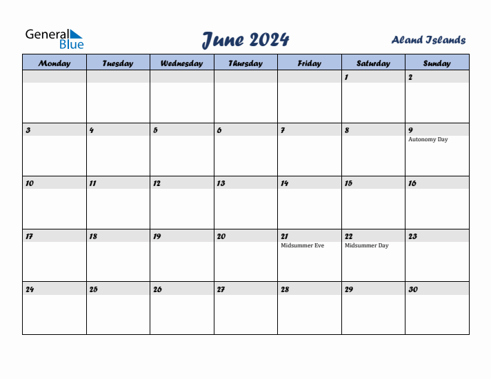 June 2024 Calendar with Holidays in Aland Islands