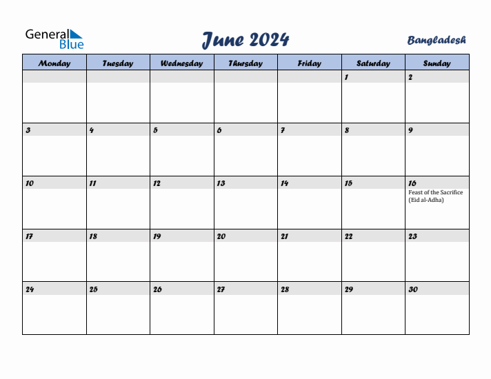 June 2024 Calendar with Holidays in Bangladesh