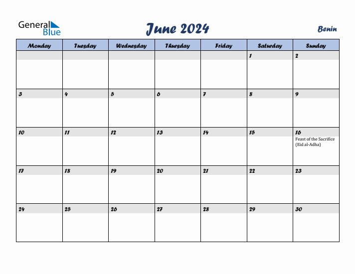 June 2024 Calendar with Holidays in Benin