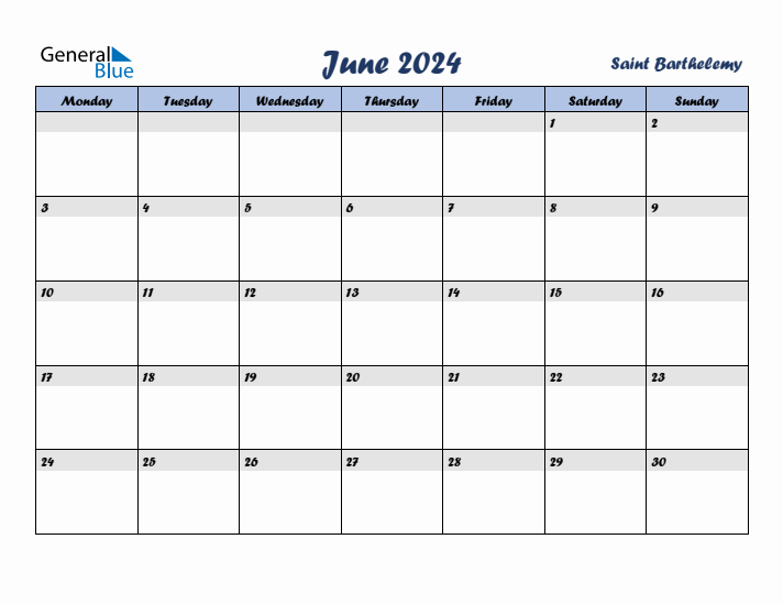 June 2024 Calendar with Holidays in Saint Barthelemy