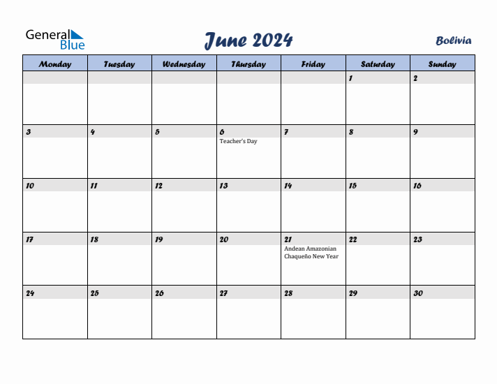 June 2024 Calendar with Holidays in Bolivia