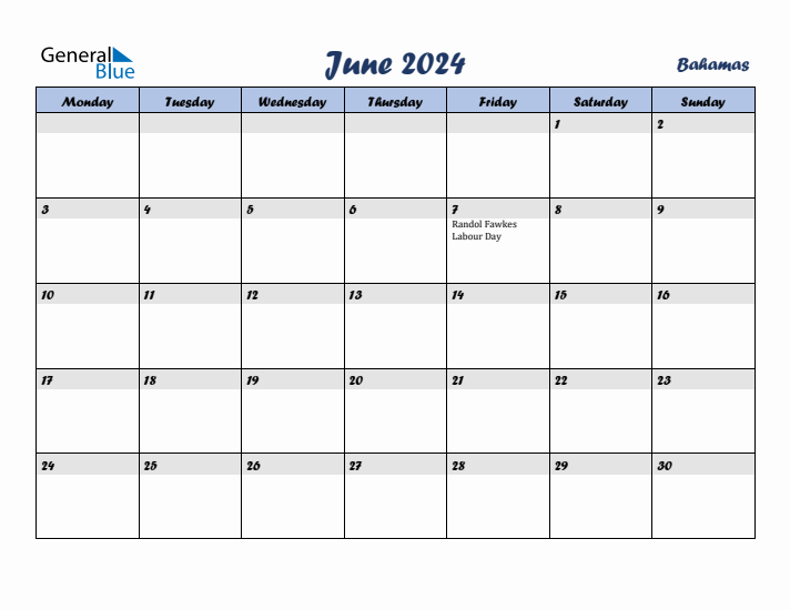 June 2024 Calendar with Holidays in Bahamas