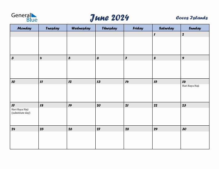 June 2024 Calendar with Holidays in Cocos Islands