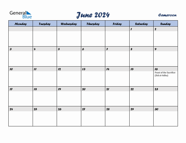 June 2024 Calendar with Holidays in Cameroon