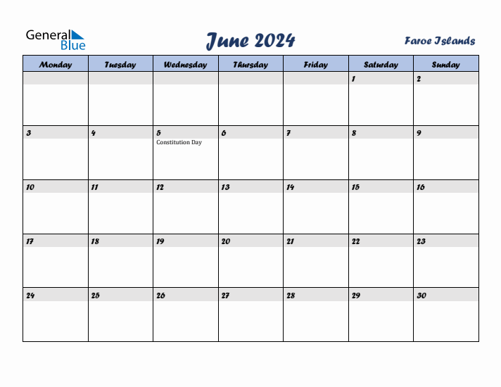 June 2024 Calendar with Holidays in Faroe Islands