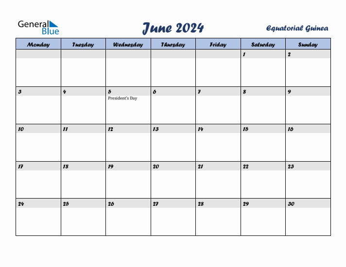 June 2024 Calendar with Holidays in Equatorial Guinea