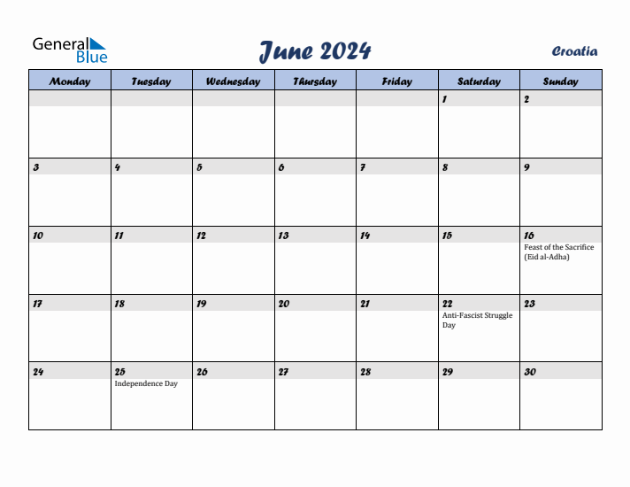 June 2024 Calendar with Holidays in Croatia