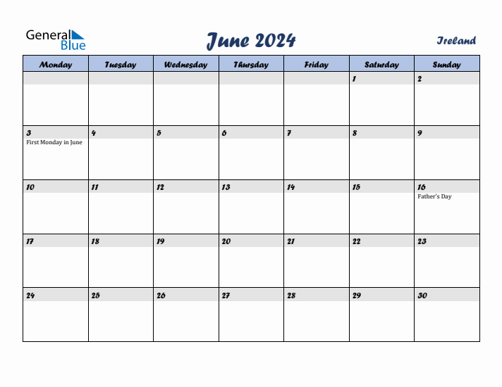 June 2024 Calendar with Holidays in Ireland