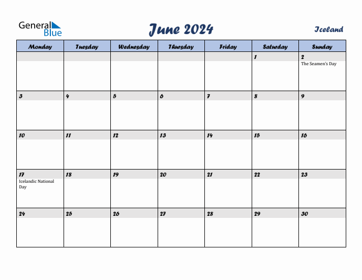 June 2024 Calendar with Holidays in Iceland