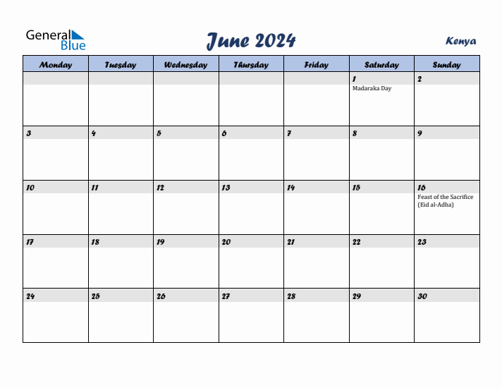 June 2024 Calendar with Holidays in Kenya