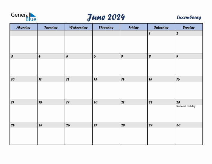 June 2024 Calendar with Holidays in Luxembourg