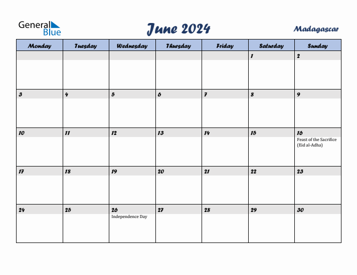 June 2024 Calendar with Holidays in Madagascar