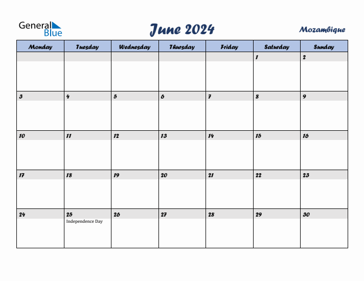 June 2024 Calendar with Holidays in Mozambique