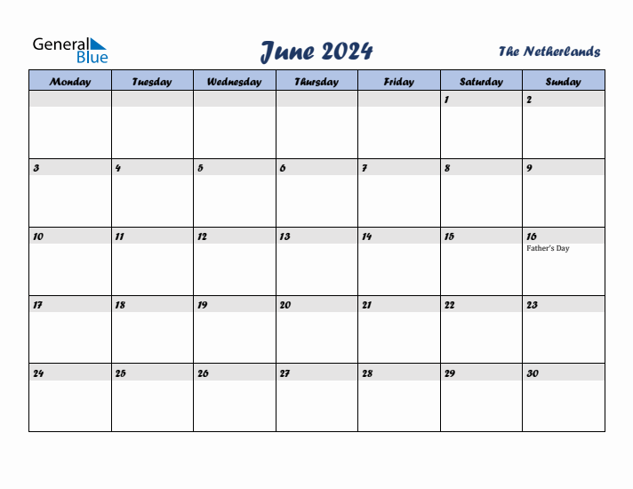 June 2024 Calendar with Holidays in The Netherlands