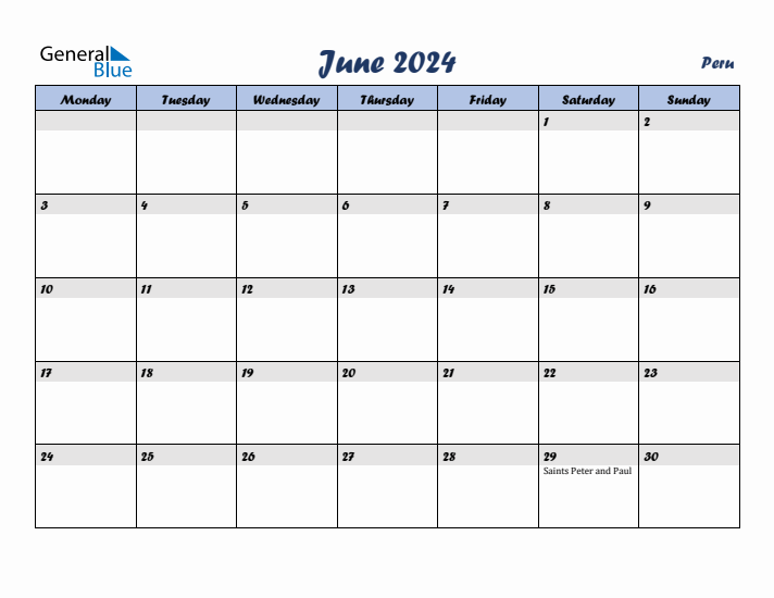 June 2024 Calendar with Holidays in Peru