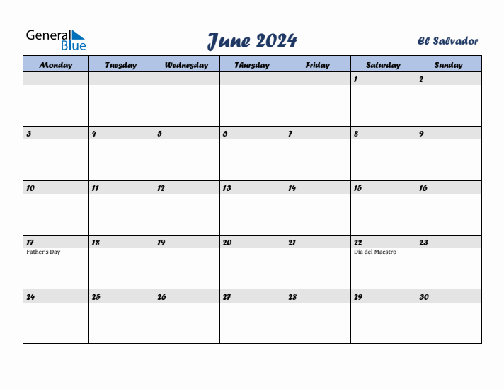 June 2024 Calendar with Holidays in El Salvador