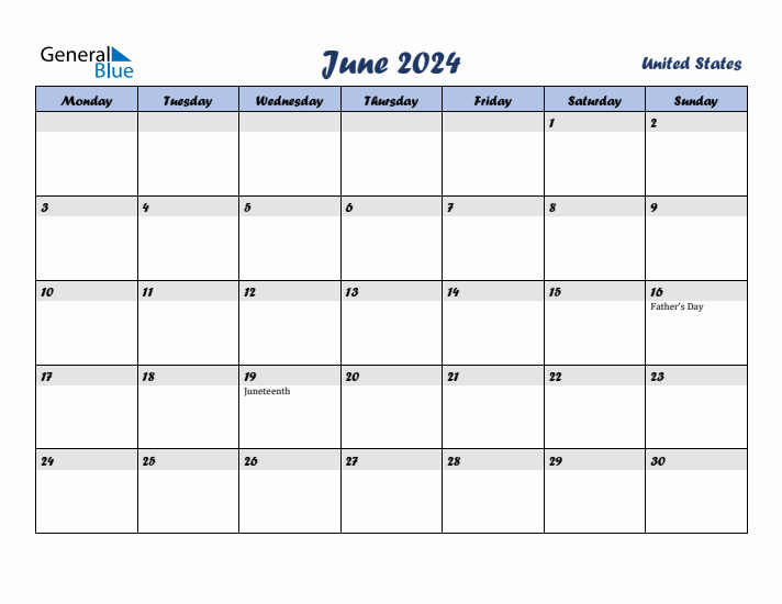 June 2024 Calendar with Holidays in United States