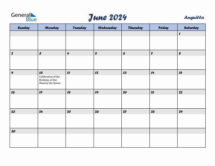 June 2024 Calendar with Holidays in Anguilla