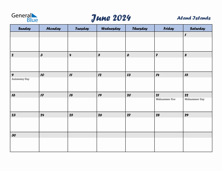 June 2024 Calendar with Holidays in Aland Islands