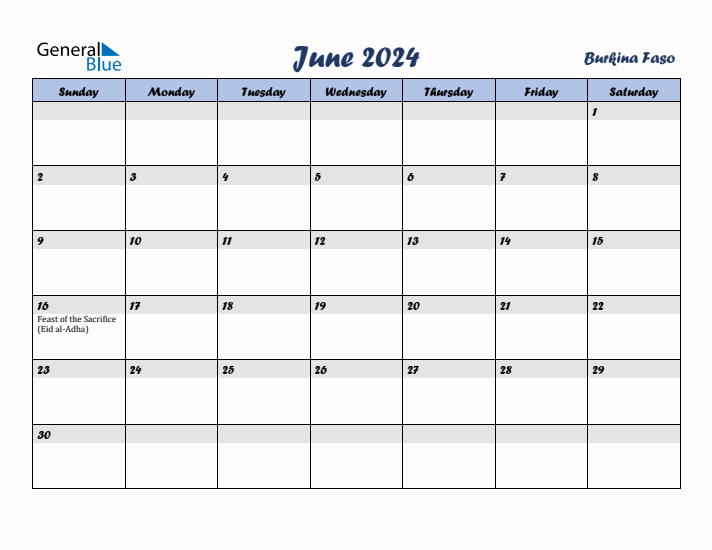 June 2024 Calendar with Holidays in Burkina Faso