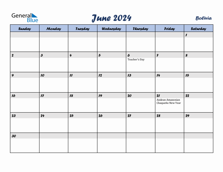 June 2024 Calendar with Holidays in Bolivia