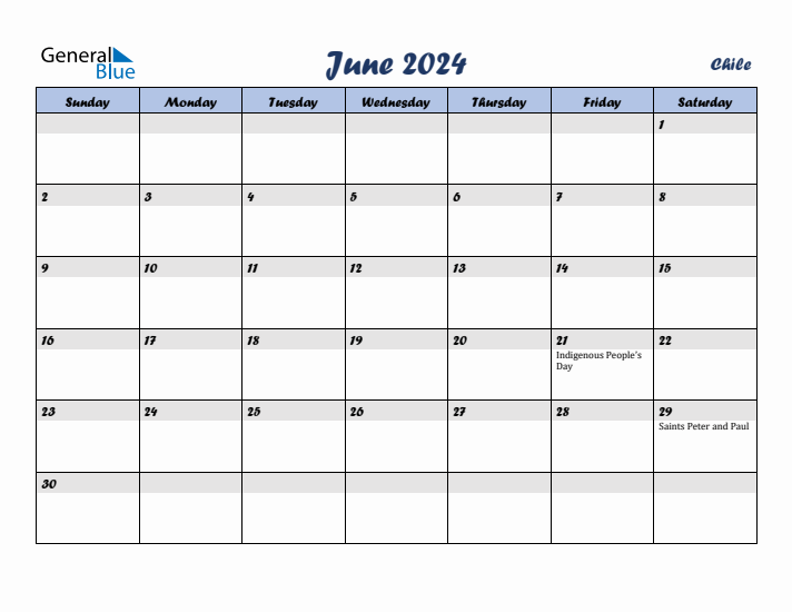 June 2024 Calendar with Holidays in Chile