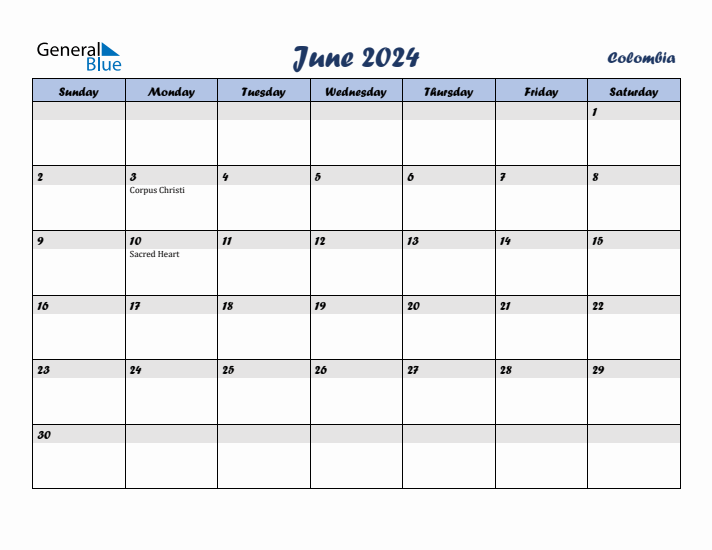 June 2024 Calendar with Holidays in Colombia