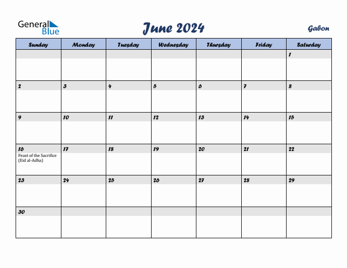 June 2024 Calendar with Holidays in Gabon