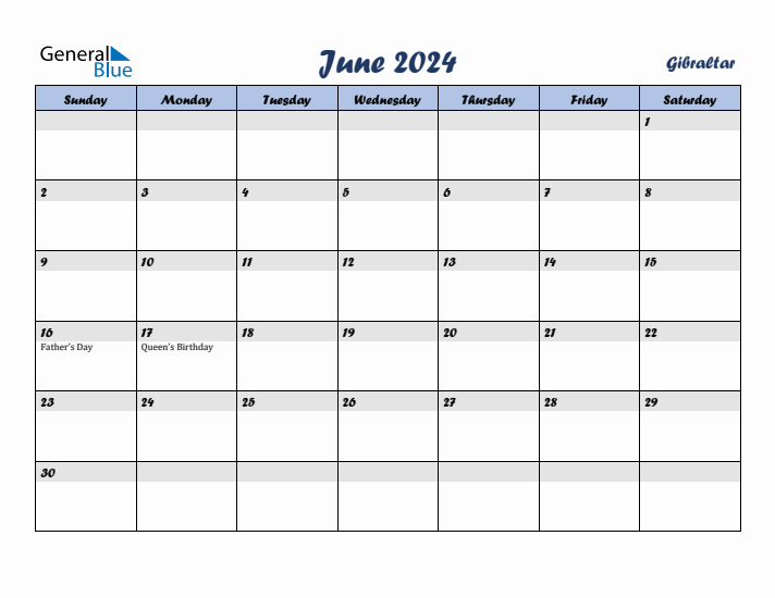 June 2024 Calendar with Holidays in Gibraltar