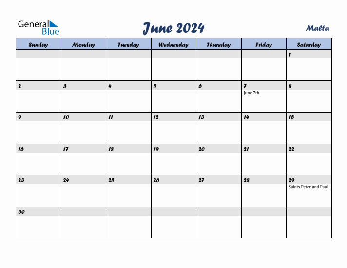 June 2024 Calendar with Holidays in Malta