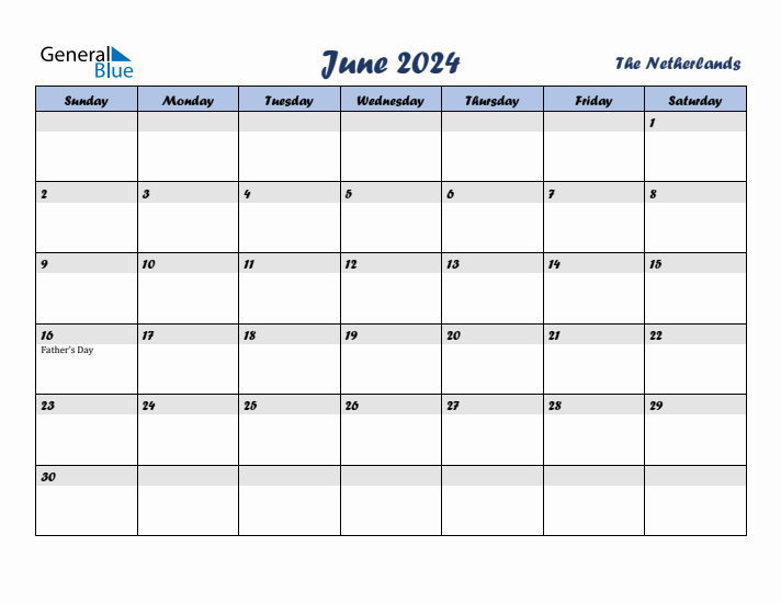 June 2024 Calendar with Holidays in The Netherlands