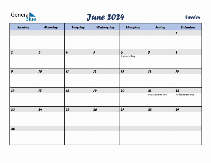 June 2024 Calendar with Holidays in Sweden