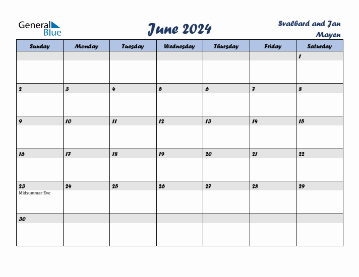 June 2024 Calendar with Holidays in Svalbard and Jan Mayen