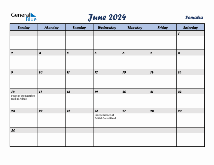 June 2024 Calendar with Holidays in Somalia