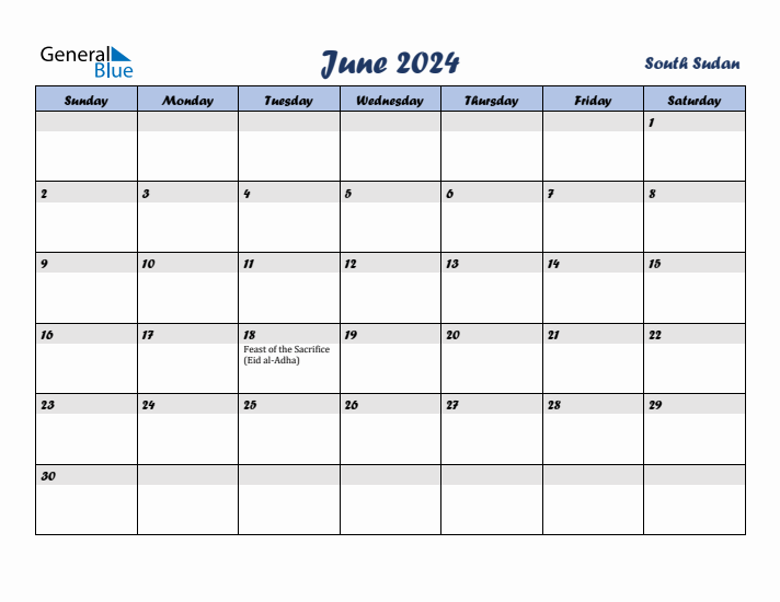 June 2024 Calendar with Holidays in South Sudan