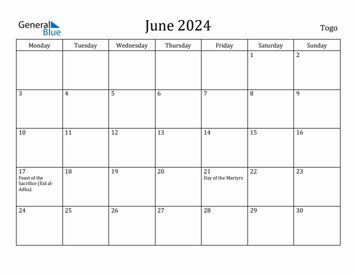 June 2024 Calendar Togo