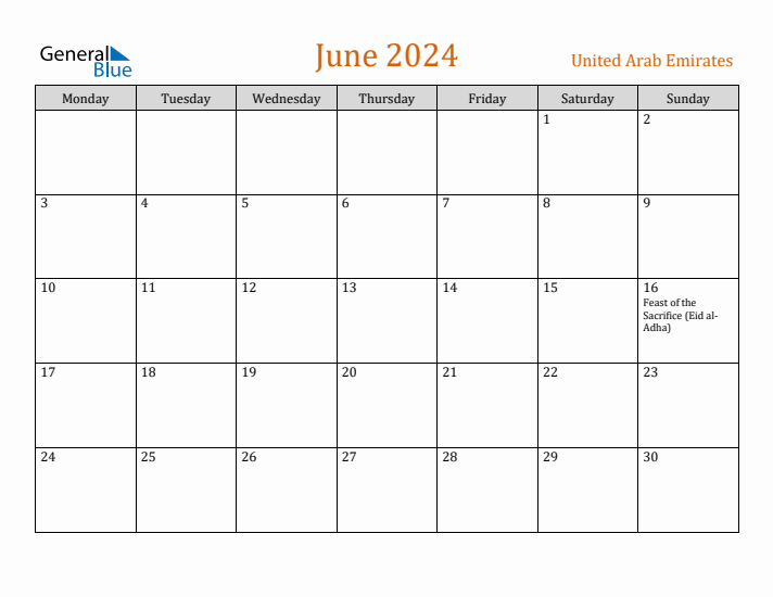 June 2024 Holiday Calendar with Monday Start